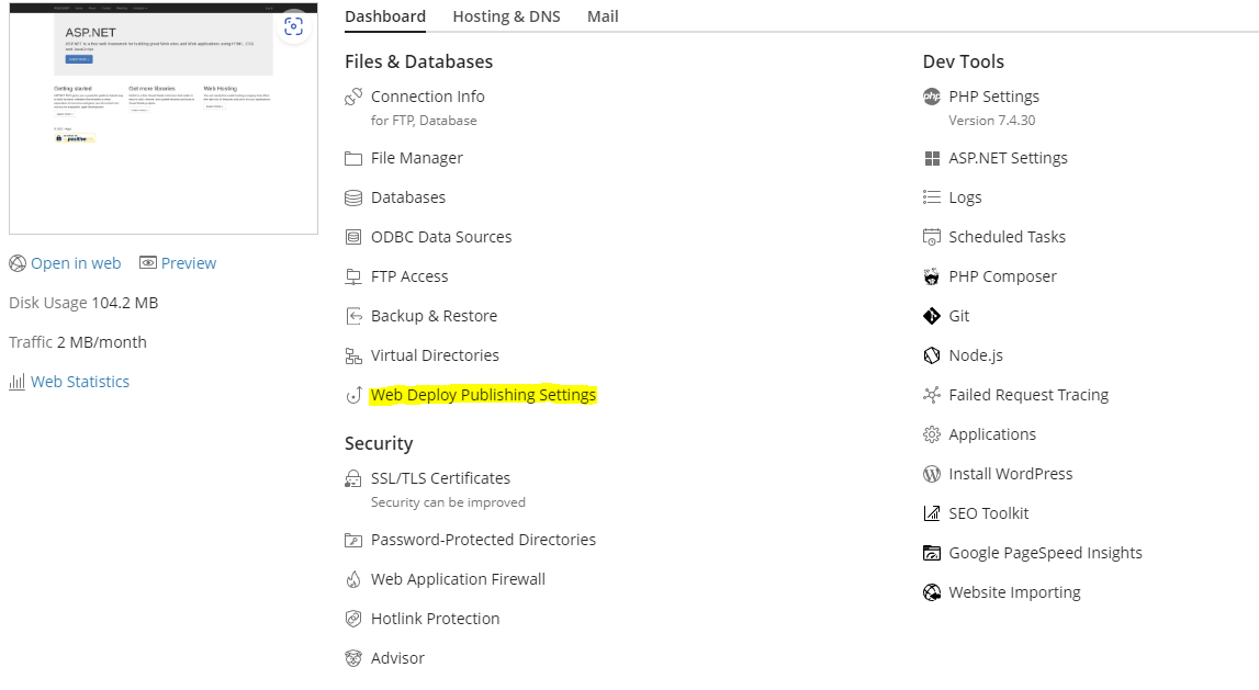 web deploy publishing settings